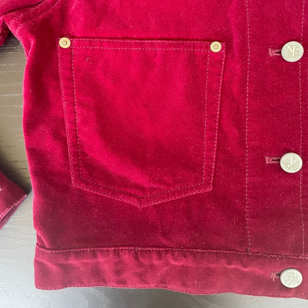 CK CALVIN KLEIN JEANS 90's RED VELVETEEN CROPPED TRUCKER JACKET |  SUPER RARE - Picture 7 of 14